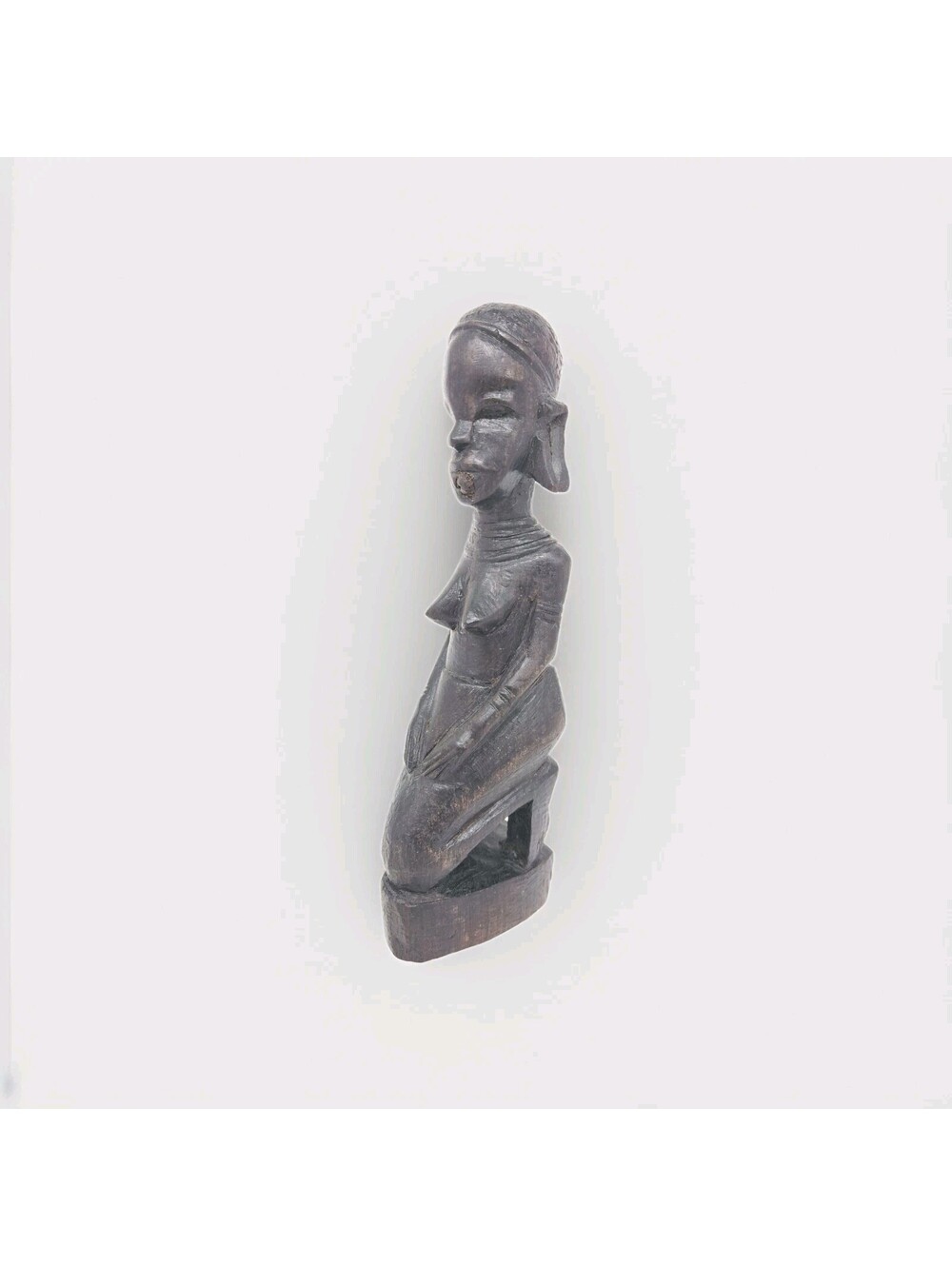 Vintage Kneeling African Handcarved Ebony Wood Female Figure Tribal Art 7.75"